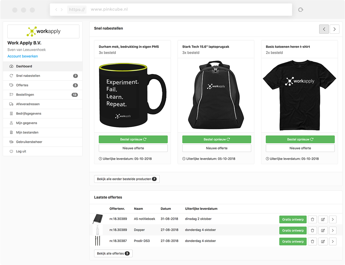Dashboard nieuwe Pinkcube bedrijfsaccount - promotieartikelen bestellen