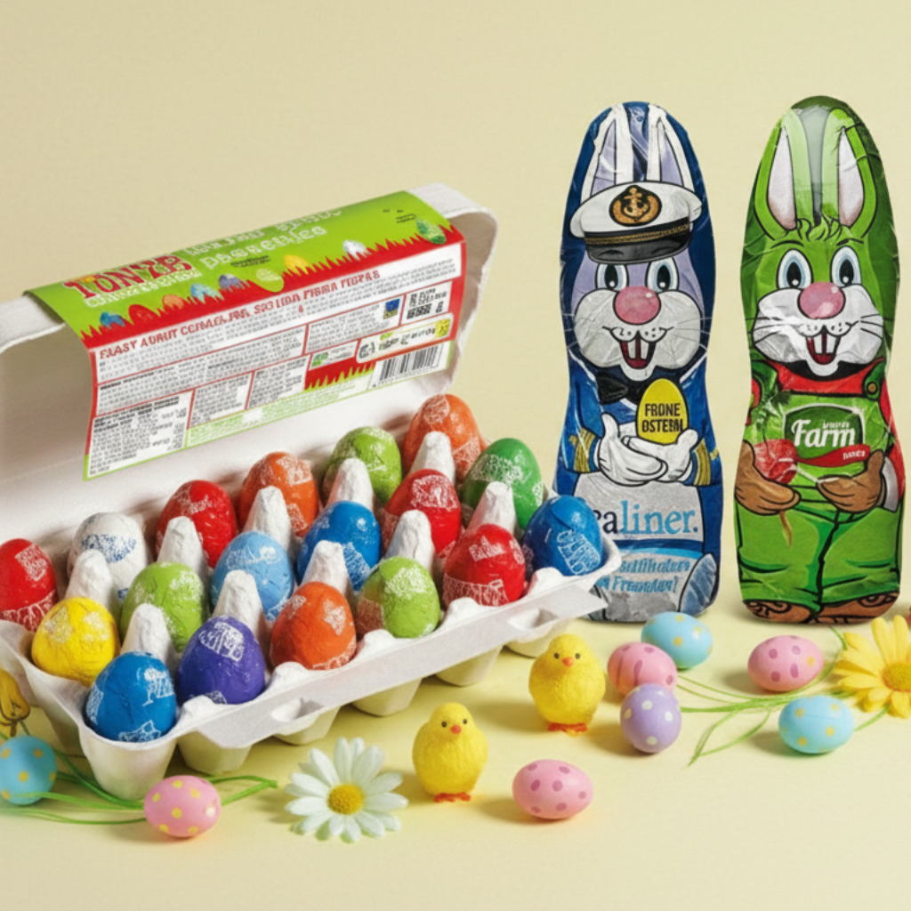Kleurige paasopstelling met een open Tony's Chocolonely doos chocolade paaseitjes, twee chocolade paashazen in folie en kleine decoratieve kuikentjes en eieren op een beige achtergrond.
