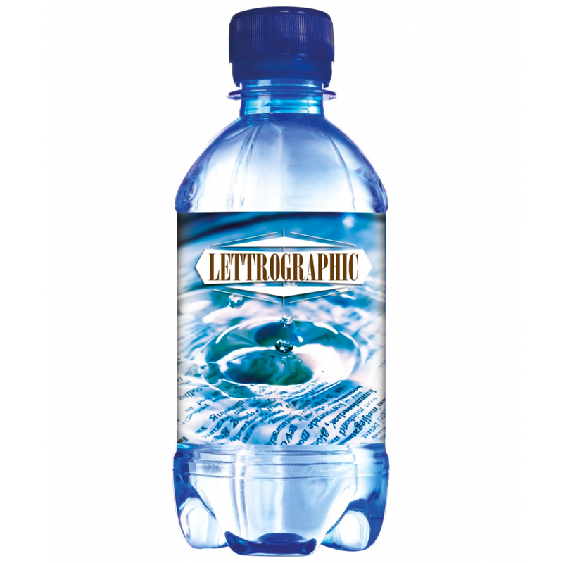 Transparant blauwe waterflesjes met platte dop 330ml bedrukken