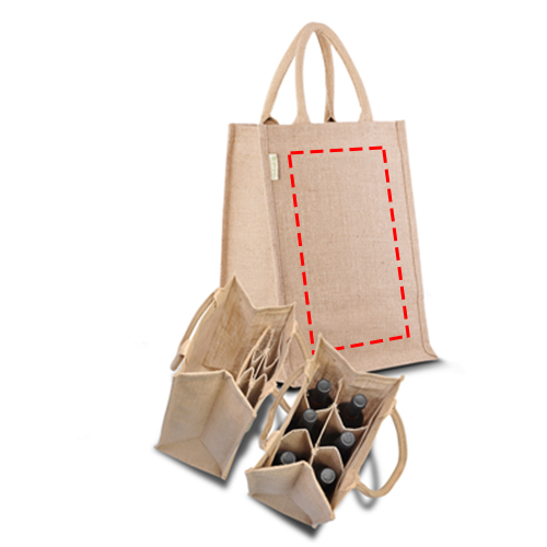 Shopper en flessentas 38 x 27,5 x 19,5 cm - jute/katoen - inklapbare flessenhouder - gewatteerde handvatten - Achterzijde