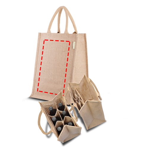 Shopper en flessentas 38 x 27,5 x 19,5 cm - jute/katoen - inklapbare flessenhouder - gewatteerde handvatten - Voorzijde