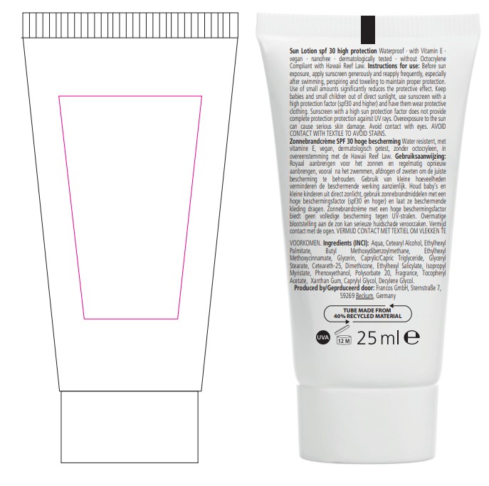 Zonnebrandcrème - SPF 30 - 25 ml - waterproof - full color bedrukking - Bedrukking + ingrediënten