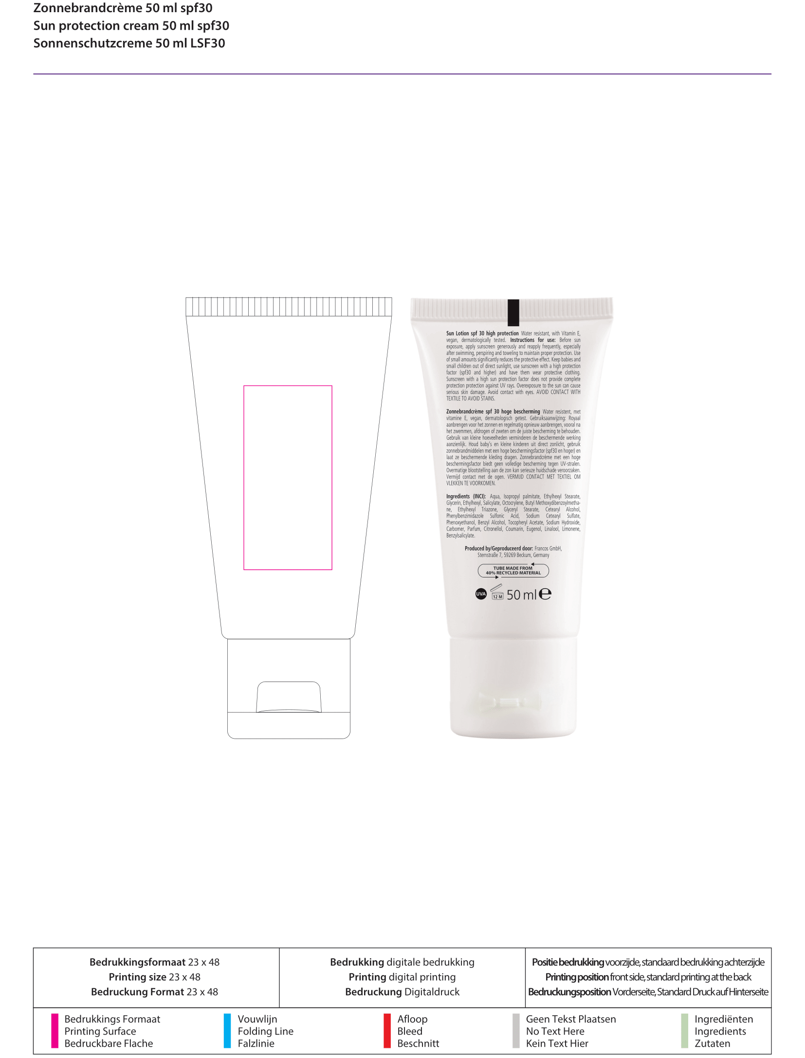 Zonnebrandcrème - SPF 30 - 50 ml - waterproof - Bedrukking