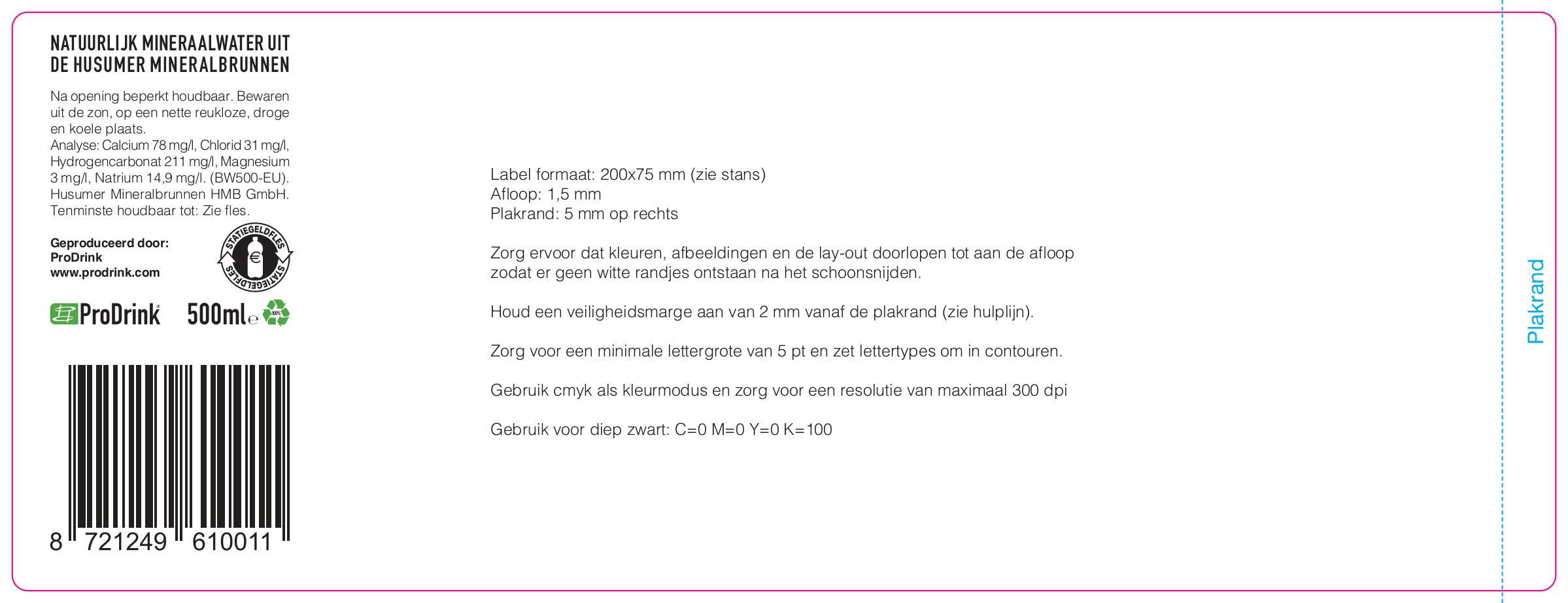 Waterflesje (gevuld) 500 ml - rPET - platte dop - Bedrukking