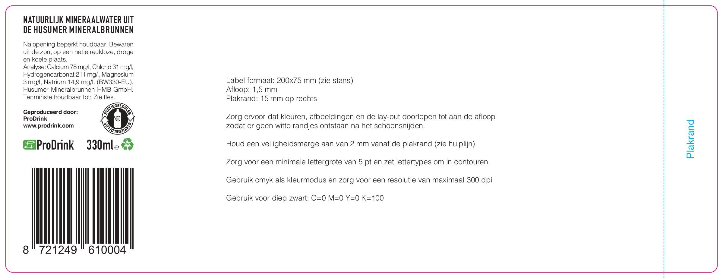 Waterflesje 330 ml - rPET - platte dop - Bedrukt label