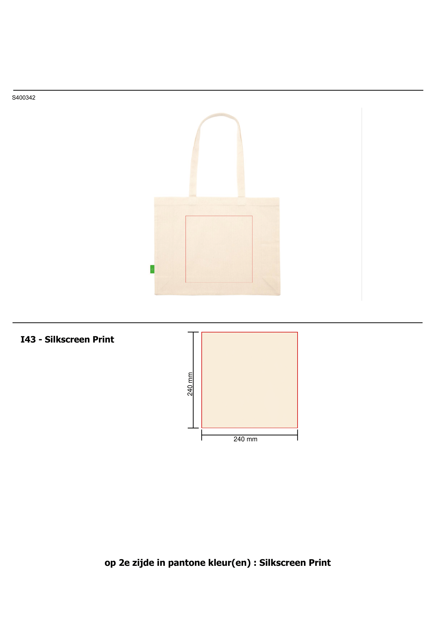 Ecru shopper - organisch katoen - 180 g/m² - 45 x 33 x 13 cm - 19L - lange hengsels - Bedrukking op 2e zijde