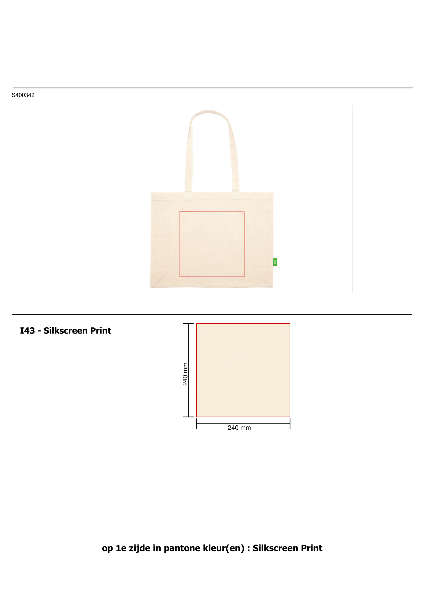 Ecru shopper - organisch katoen - 180 g/m² - 45 x 33 x 13 cm - 19L - lange hengsels - Bedrukking 1e zijde