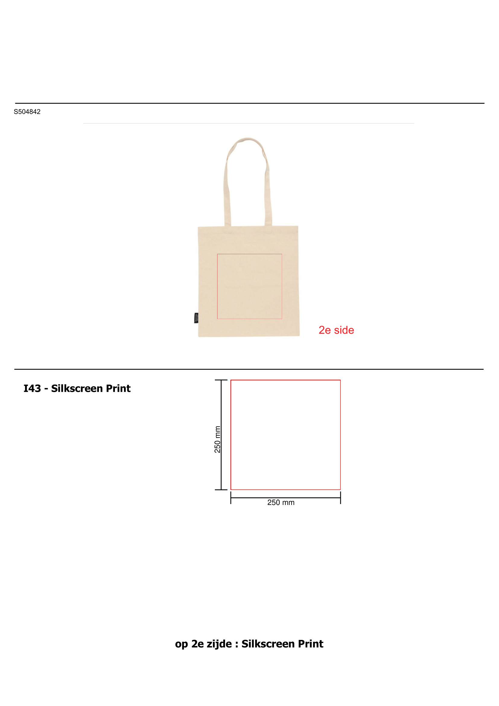 Katoenen draagtas - gerecycled katoen - 180 g/m2 - 38 x 42 cm - ecru - lange hengsels - Bedrukking achterzijde