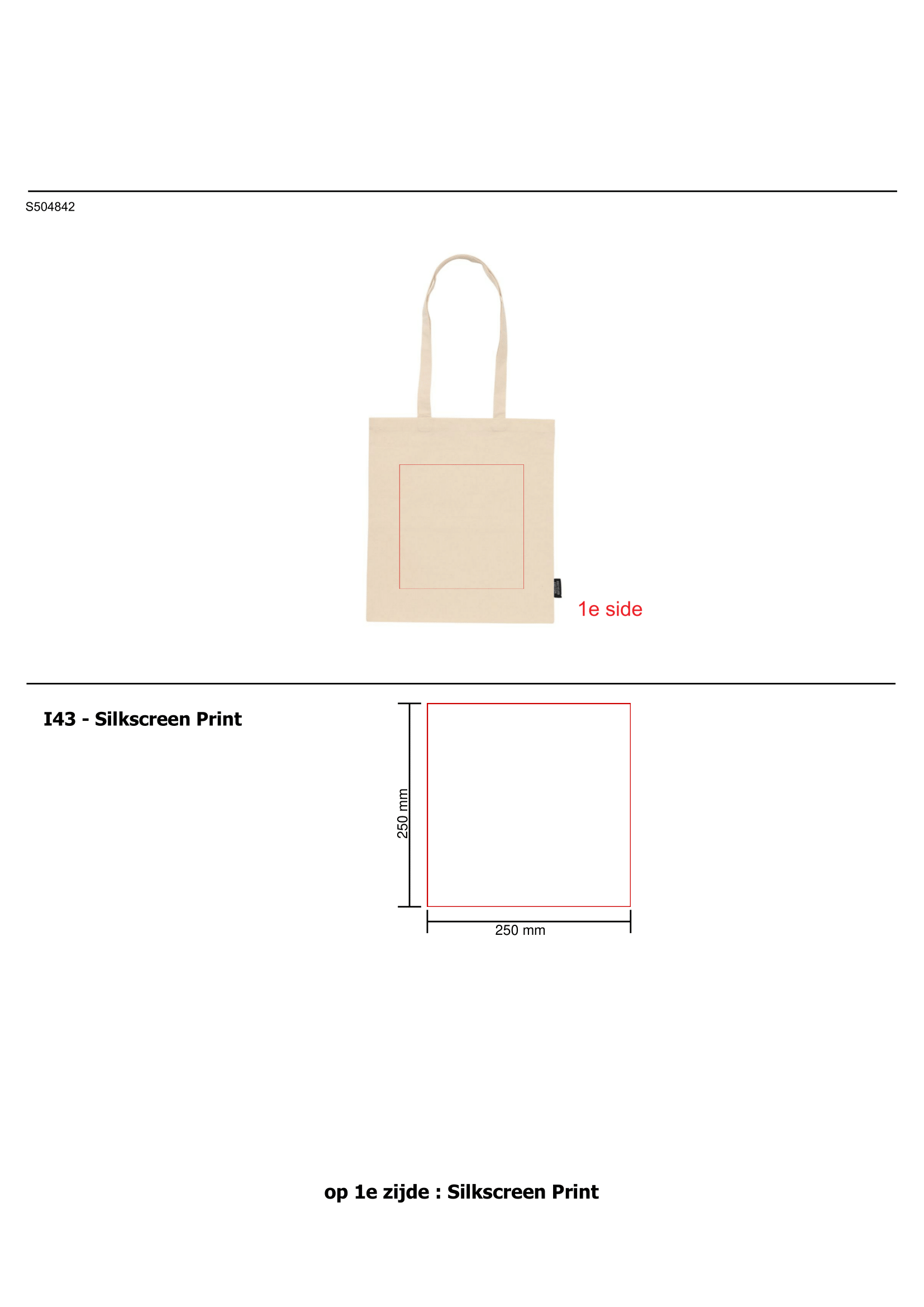 Katoenen draagtas - gerecycled katoen - 180 g/m2 - 38 x 42 cm - ecru - lange hengsels - Bedrukking voorzijde