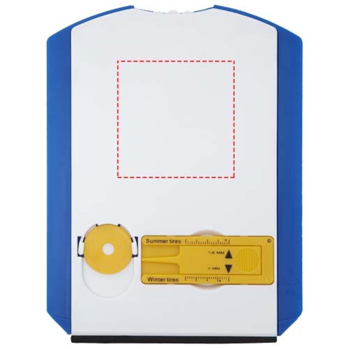 IJskrabber en parkeerschijf 5 in 1 - PS - veger, winkelwagenmuntje en bandenprofielmeter - achterzijde